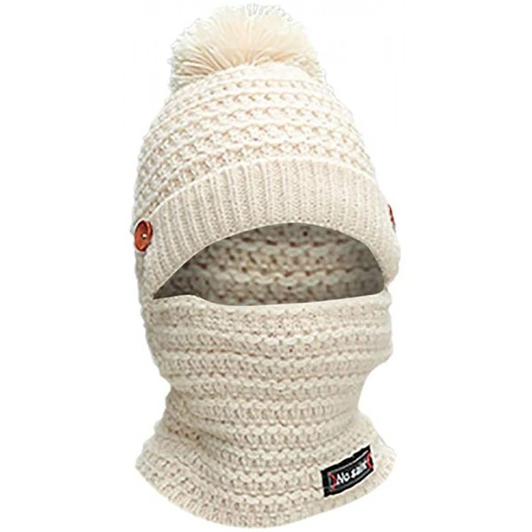 Balaclavas Winter 2 in 1 Knit Beanie Hat Scarf Warm Ski Cap Pom-Windproof Ski Mask for Women Men (White- Free Size) - C618M3T...