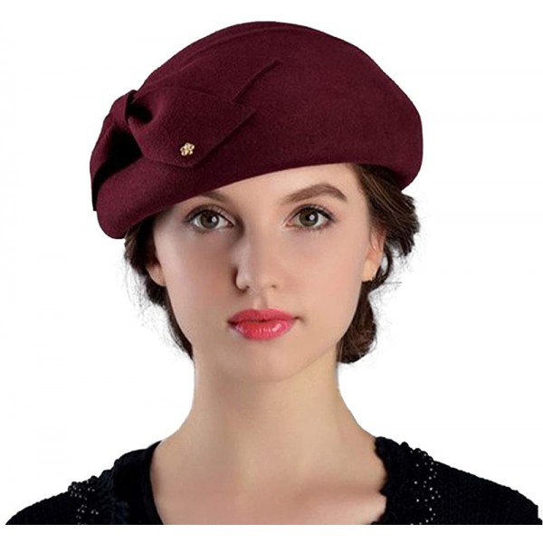 Berets Womens Wool Felt French Berets Bowler Hat Artist Boina Bowknot Cap - Red - CF18H6CU2QU $20.99