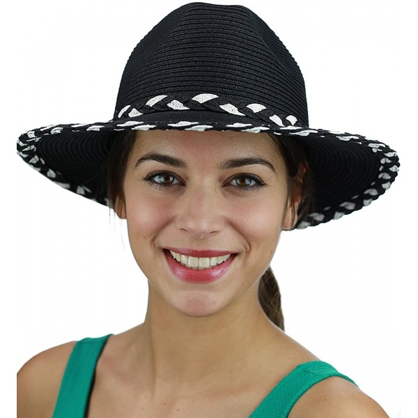 Two Tone Braided Trim Paper Woven Panama Fedora Summer Sun Hat - Black ...