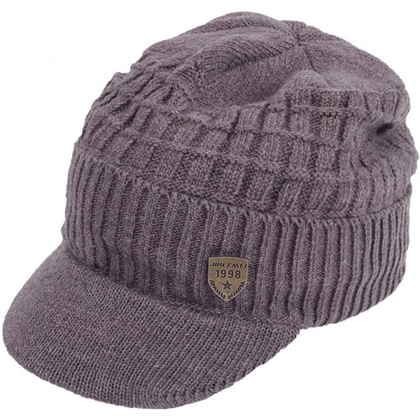 Skullies & Beanies Winter Wool Knitted Chunky Visor Beanie Hat with Brim Fur Lined Peaked Ski Cap - Tan - CM187ZXL25Z $19.78