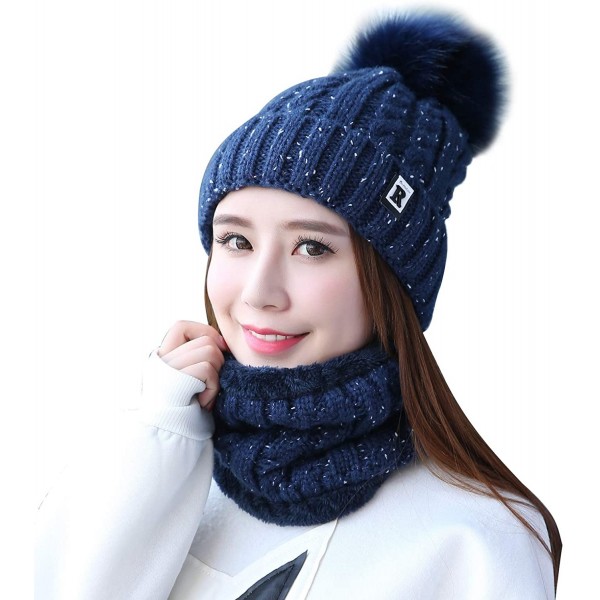 Skullies & Beanies Womens Winter Beanie Hat Scarf Set Warm Fuzzy Knit Hat Neck Scarves - B-navy Blue - CI18M8TKH2R $12.58