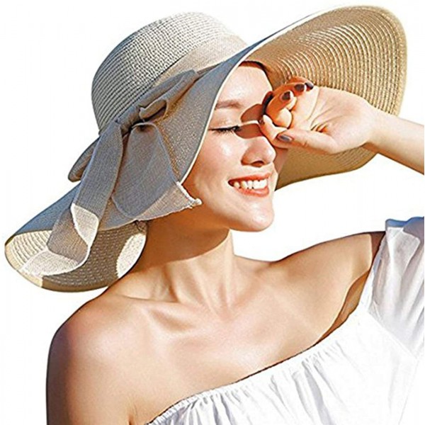 Womens Big Bowknot Straw Sun Hat Floppy Foldable Roll Up Uv 50 Beach