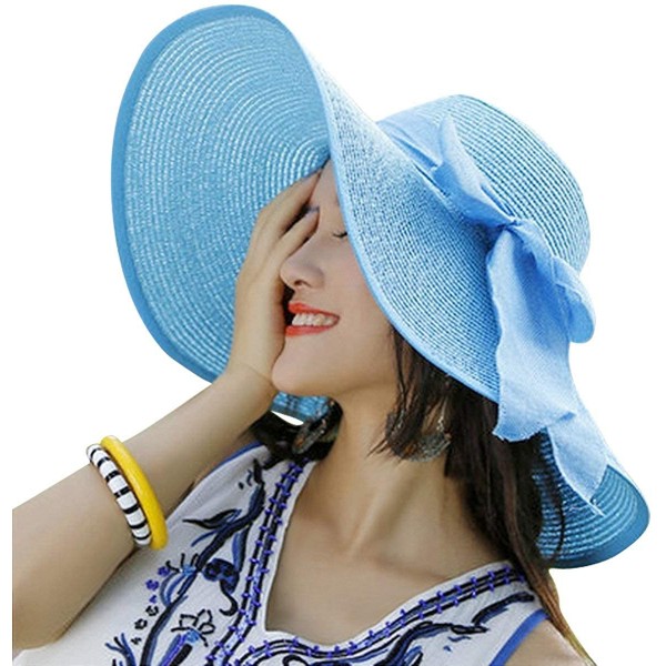 Womens Big Bowknot Straw Sun Hat Floppy Foldable Roll Up Uv 50 Beach