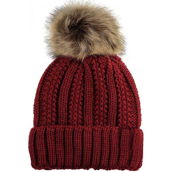 Skullies & Beanies Women's Winter Pom Pom Beanie Ski Knitted Hat in Fall Winter - Red - CH18L9DK7CX $9.23