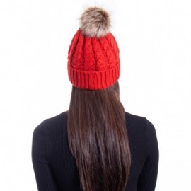 Skullies & Beanies Women's Winter Soft Chunky Cable Knit Pom Pom Beanie Hats Skull Ski Cap - Red - CR188ANS44O $17.66