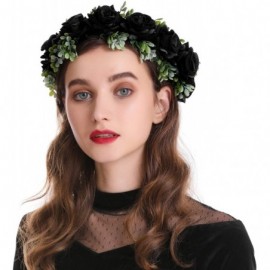 Headbands Adjustable Flower Crown Headband - Women Girl Festival Wedding Party Flower Wreath Headband - Black - C918UG8LYWC $...