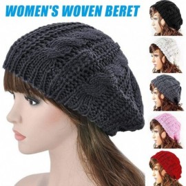 Berets Women Ladies Beret Beanie Hat Winter Knitted Crochet Slouchy Knit Baggy Ski Cap Outdoor - Rose Red - C018ZEKXCHZ $10.10