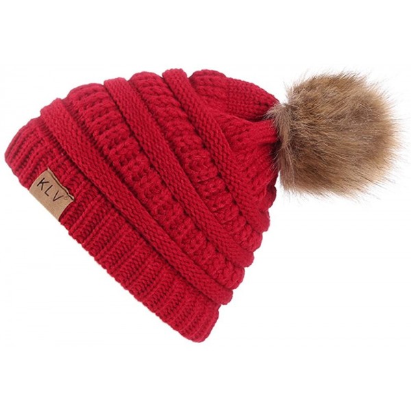 Winter Knitted Beanie Hat with Faux Fur Pom Warm Knit Skull Cap Slouchy ...