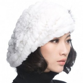 Berets Winter Women's Rex Rabbit Fur Beret Hats with Fur Flower - White - C011FG7MUYD $16.41