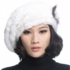 Berets Winter Women's Rex Rabbit Fur Beret Hats with Fur Flower - White - C011FG7MUYD $16.41