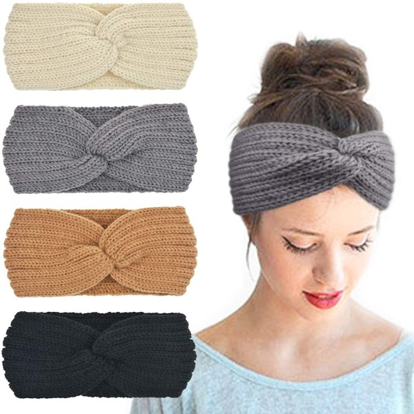 Cold Weather Headbands Crochet Turban Headband for Women Warm Bulky Crocheted Headwrap - 4 Pack Cross B - Beige- Gray- Khaki-...