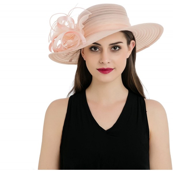 Sun Hats Women's Organza Wide Brim Floral Ribbon Kentucky Derby Church Dress Sun Hat - Flesh Pink - CN17YNARGS2 $18.48