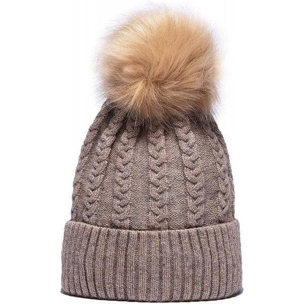 Womens Winter Knit Slouchy Beanie Hat Warm Skull Ski Cap Faux Fur Pompom Hats For Women Khaki 5930