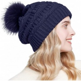 Skullies & Beanies Womens Winter Knit Slouchy Beanie Hat Warm Skull Ski Cap Faux Fur Pom Pom Hats for Girls Navy Blue - C318A...