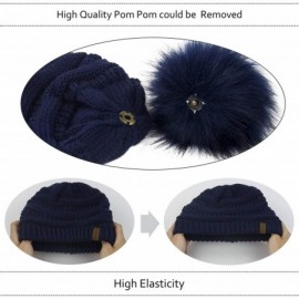 Skullies & Beanies Womens Winter Knit Slouchy Beanie Hat Warm Skull Ski Cap Faux Fur Pom Pom Hats for Girls Navy Blue - C318A...