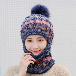 Skullies & Beanies Fleece Lined Women Knit Beanie Scarf Set for Girl Winter Ski Hat with Pompom - B1-navy - CR18AY8HT2D $21.57