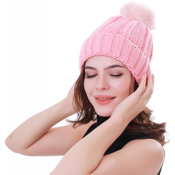 Women Winter Soft Warm Ski Cap Knit Slouchy Beanie Chunky Baggy Hat With Faux Fur Pompom Pink 4954